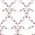 Loving design seamless pattern bird, pink flower. Painting pink and black loving birds, blooming branches